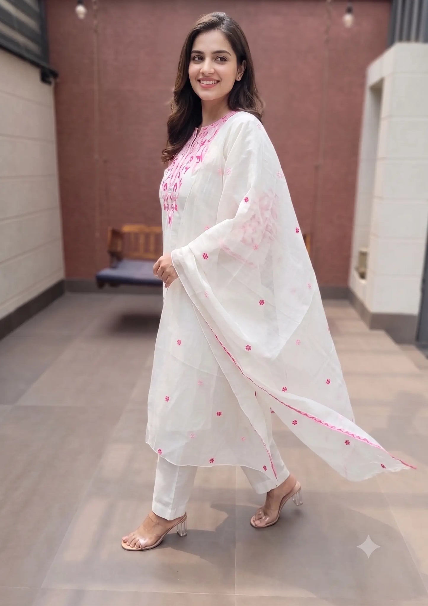 Ivory Blossom Pink Embroidered Cotton Silk Kurta Set