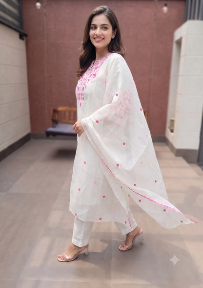 Ivory Blossom Pink Embroidered Cotton Silk Kurta Set