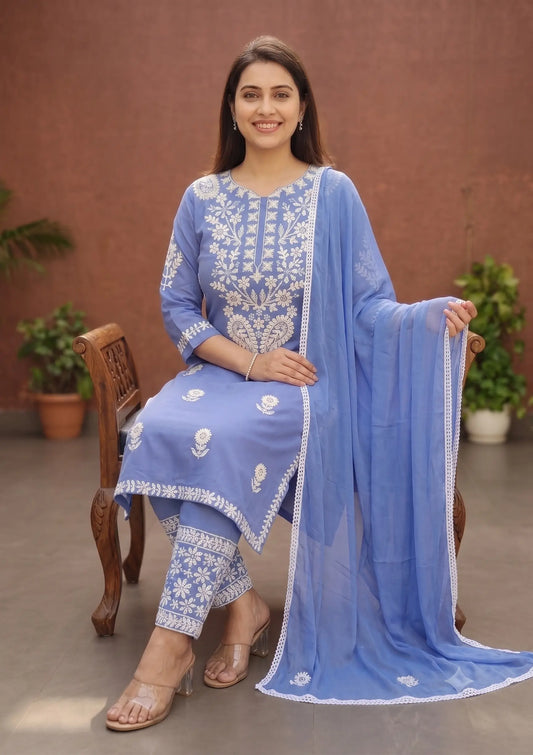 Sky Serenity Chikankari Rayon Kurta Set
