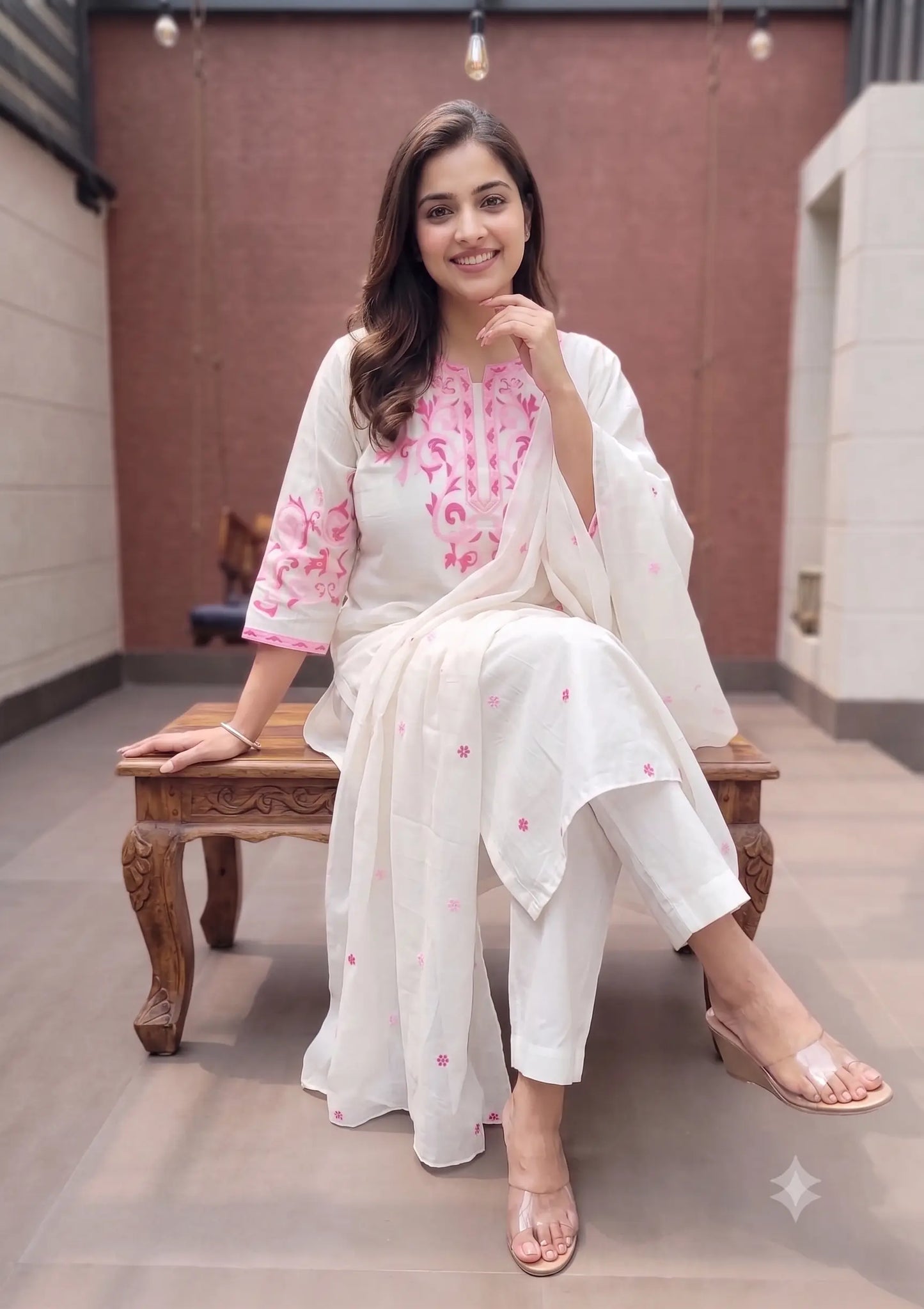Ivory Blossom Pink Embroidered Cotton Silk Kurta Set