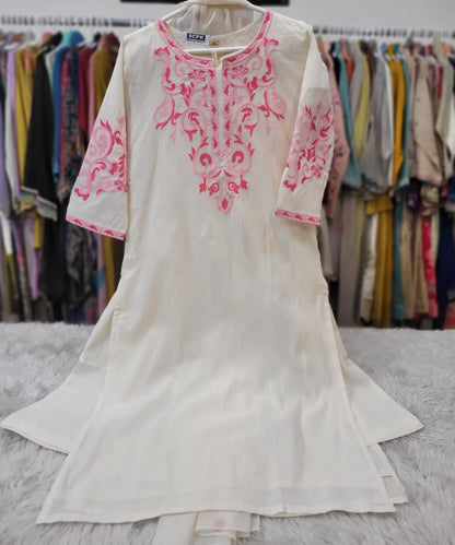 Ivory Blossom Pink Embroidered Cotton Silk Kurta Set