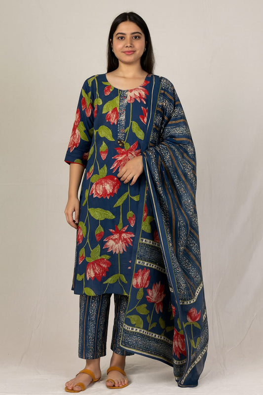 Women's Cotton Cambric Floral Print Kurta Pant Dupatta Set