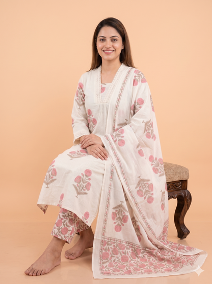Pink and white pure cotton Kurta pant set with Dupatta