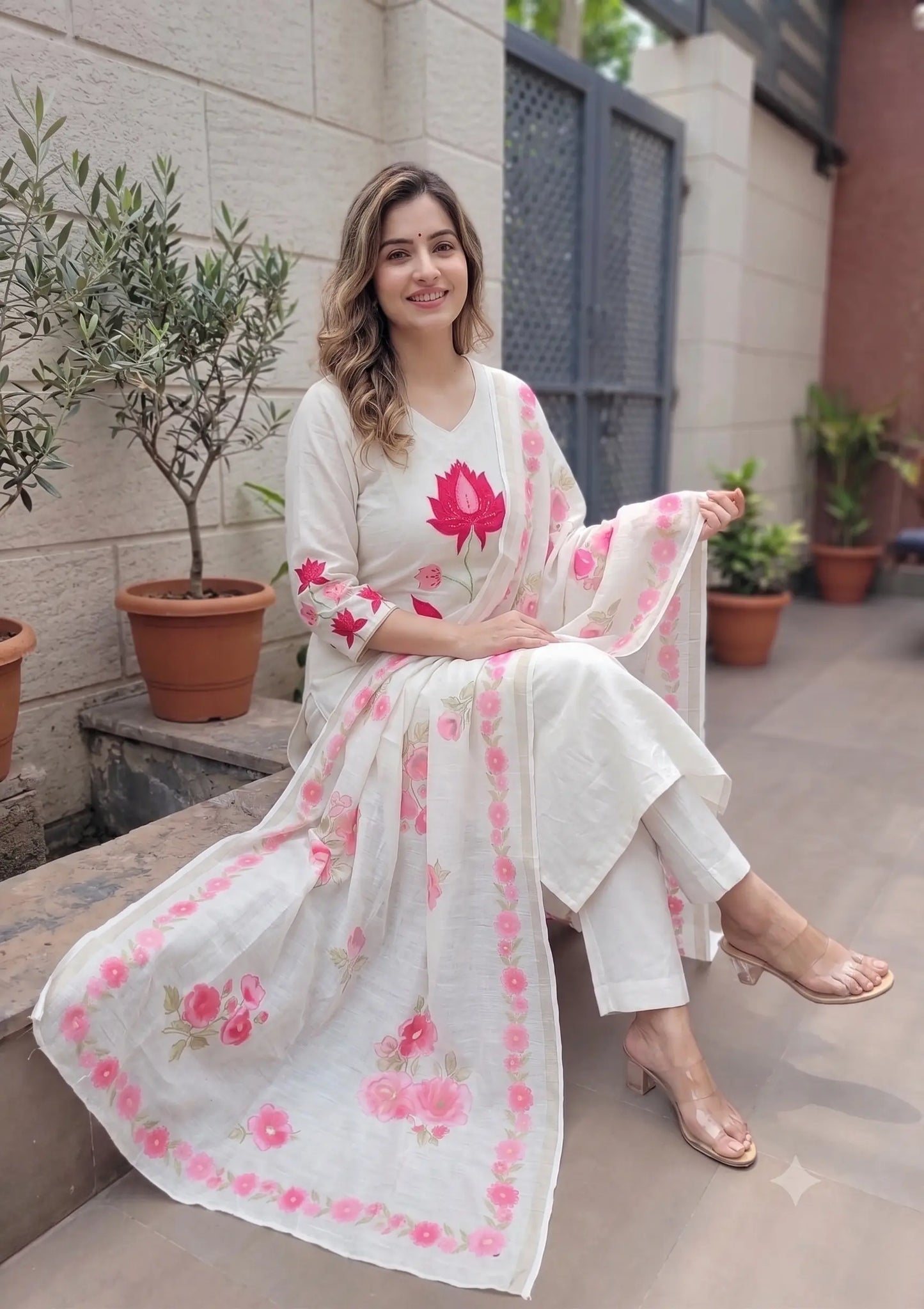 Blush Bloom Pink & White Cotton Kurta Set