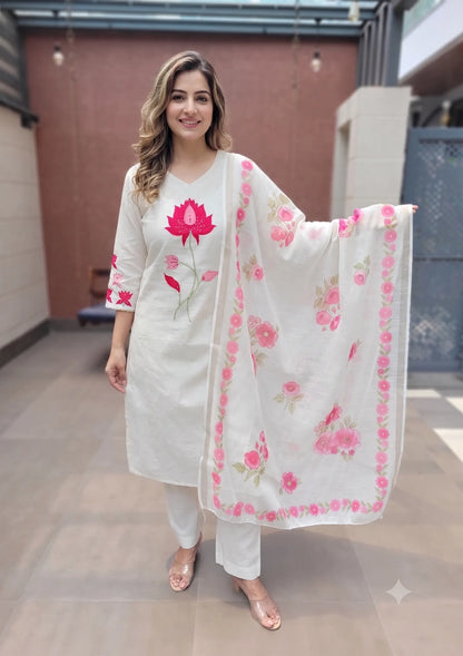 Blush Bloom Pink & White Cotton Kurta Set