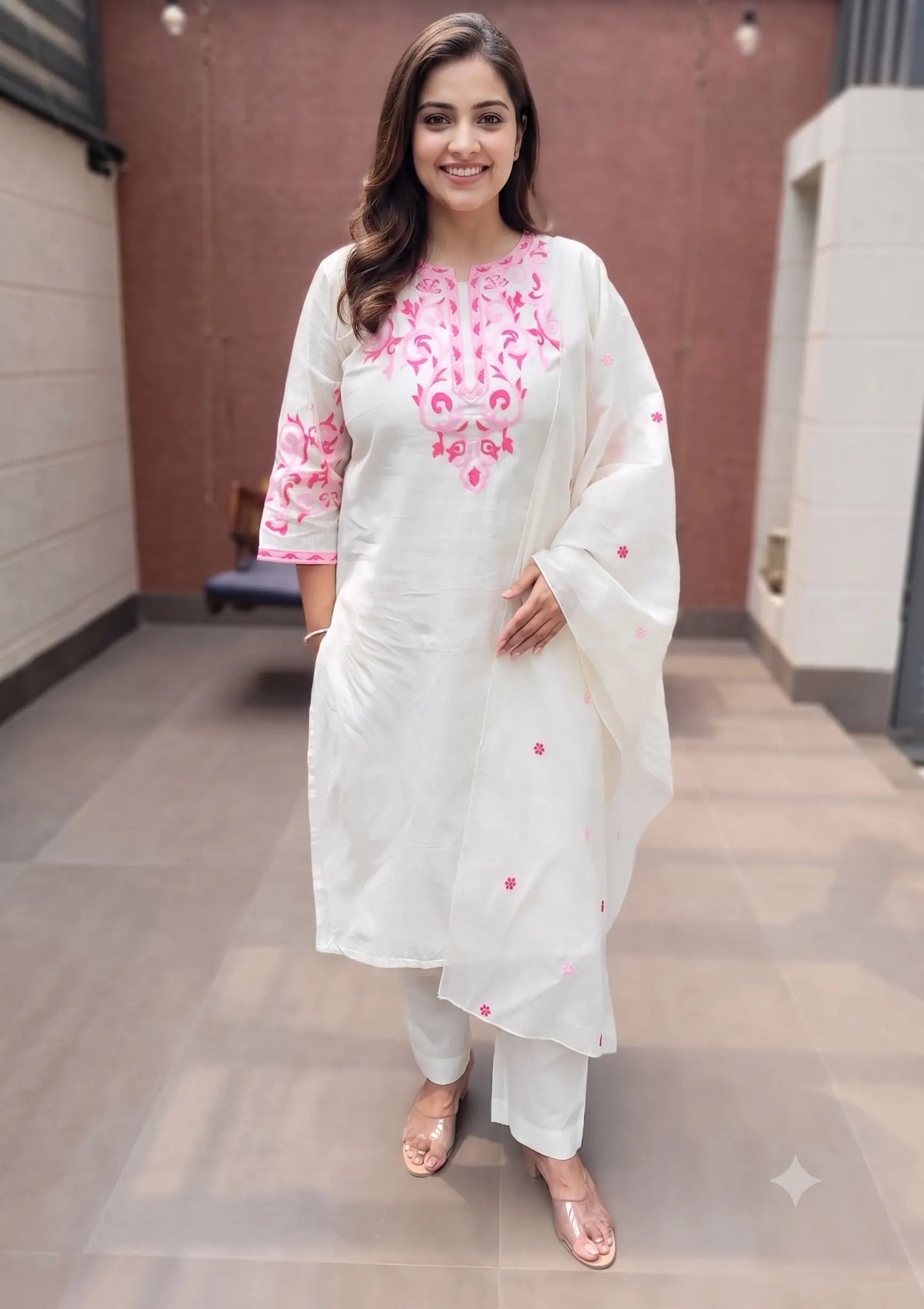 Ivory Blossom Pink Embroidered Cotton Silk Kurta Set
